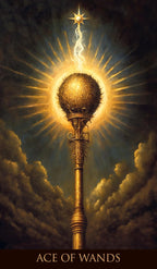 Ace of Wands tarot card with a glowing sphere and wand against a cloudy sky