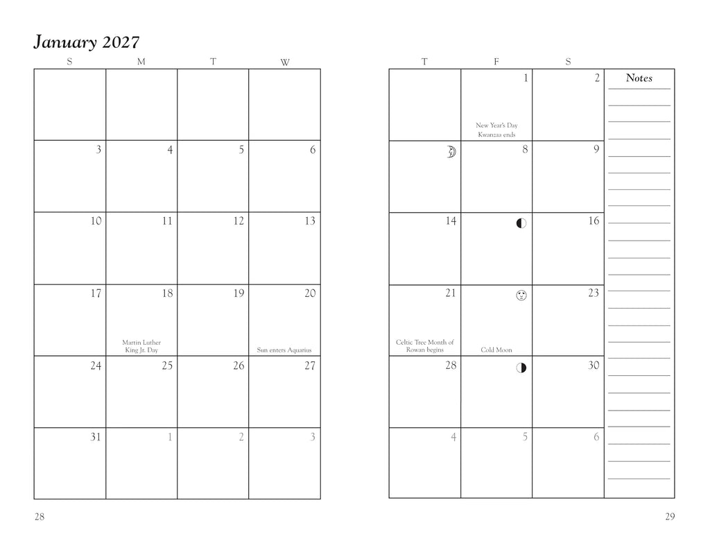 A black and white digital preview of a two-page monthly calendar for January 2027, featuring a grid layout with Sunday through Saturday columns, numbered days, and a notes section on the right page.