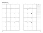 A black and white digital preview of a two-page monthly calendar for January 2027, featuring a grid layout with Sunday through Saturday columns, numbered days, and a notes section on the right page.
