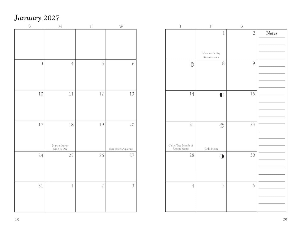 A black and white digital preview of a two-page monthly calendar for January 2027, featuring a grid layout with Sunday through Saturday columns, numbered days, and a notes section on the right page.