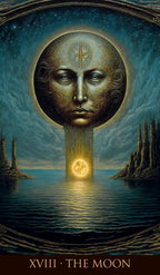 Artistic depiction of 'The Moon' tarot card with a face integrated into the moon, over water and sky.