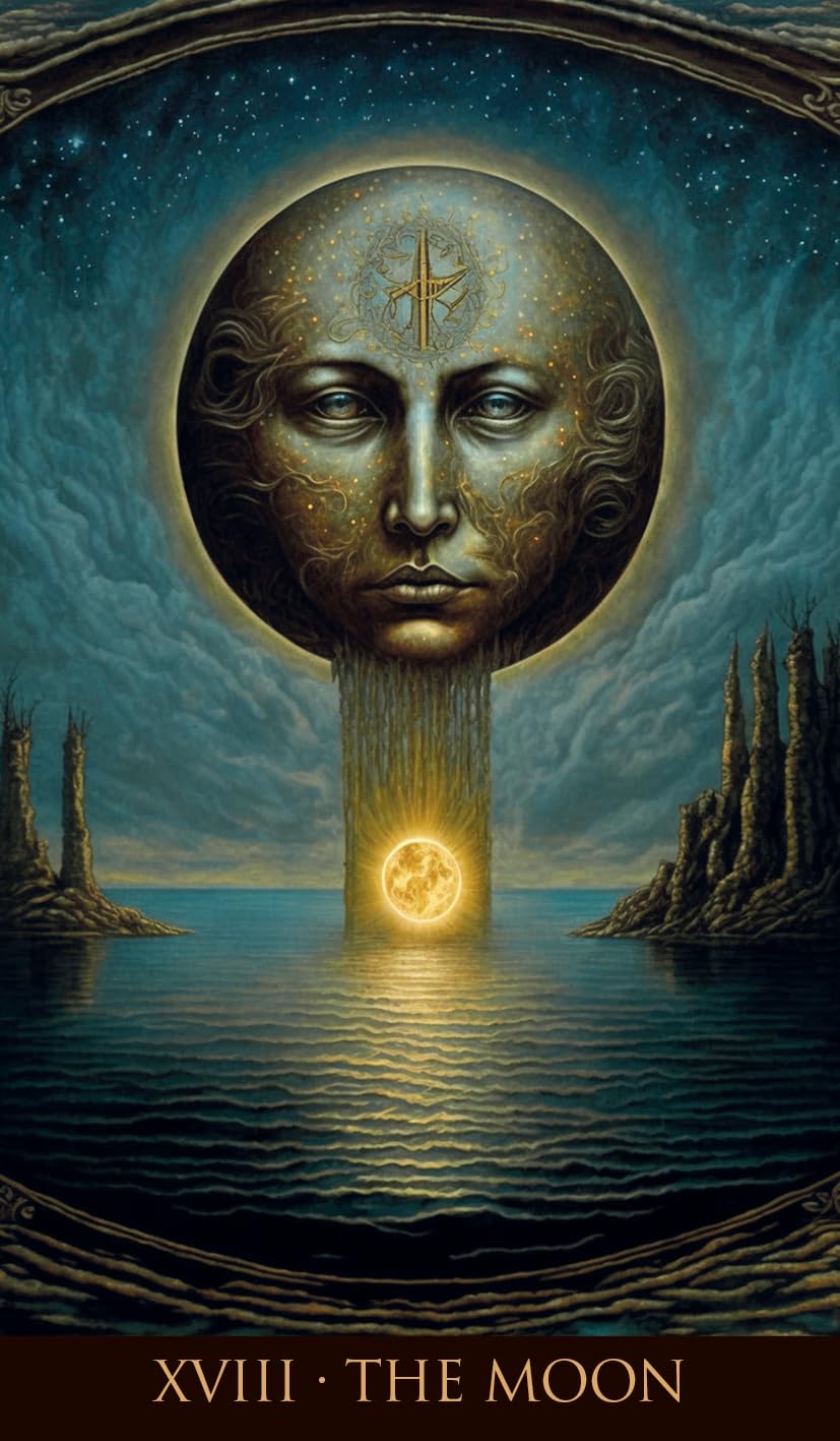 Artistic depiction of 'The Moon' tarot card with a face integrated into the moon, over water and sky.