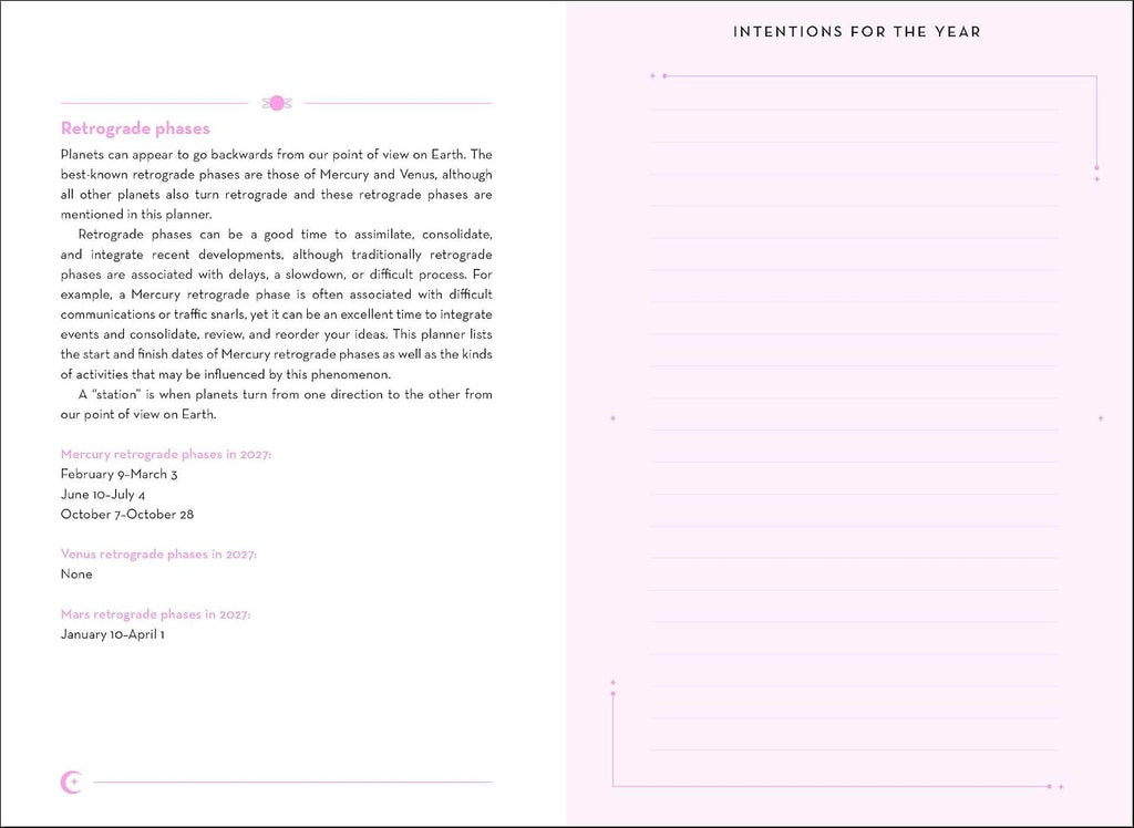 A printed informational page titled 'Intentions for the Year' with pink headings and body text on a white page, explaining retrograde phases and listing dates for Mercury and Venus.
