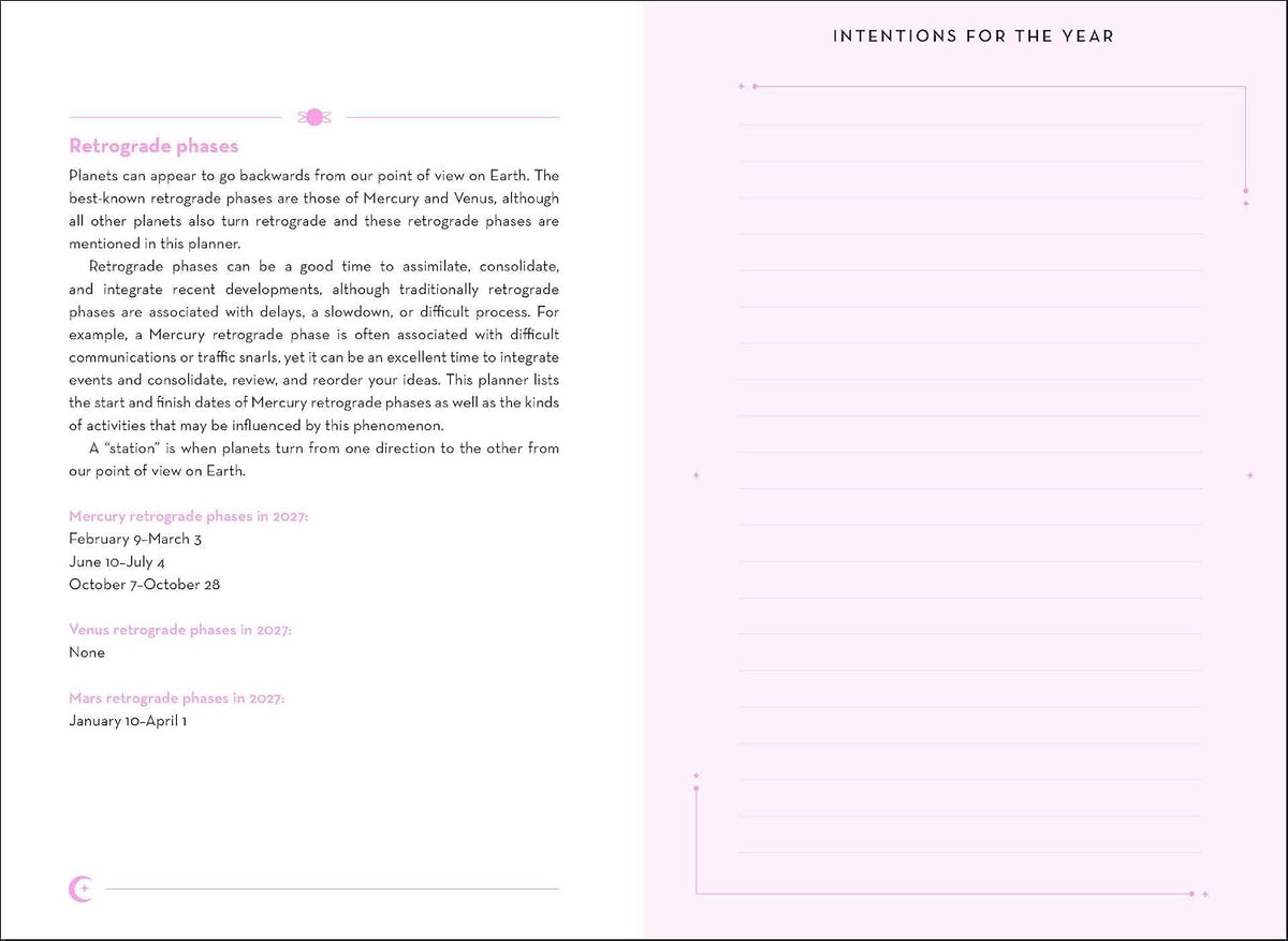 A printed informational page titled 'Intentions for the Year' with pink headings and body text on a white page, explaining retrograde phases and listing dates for Mercury and Venus.