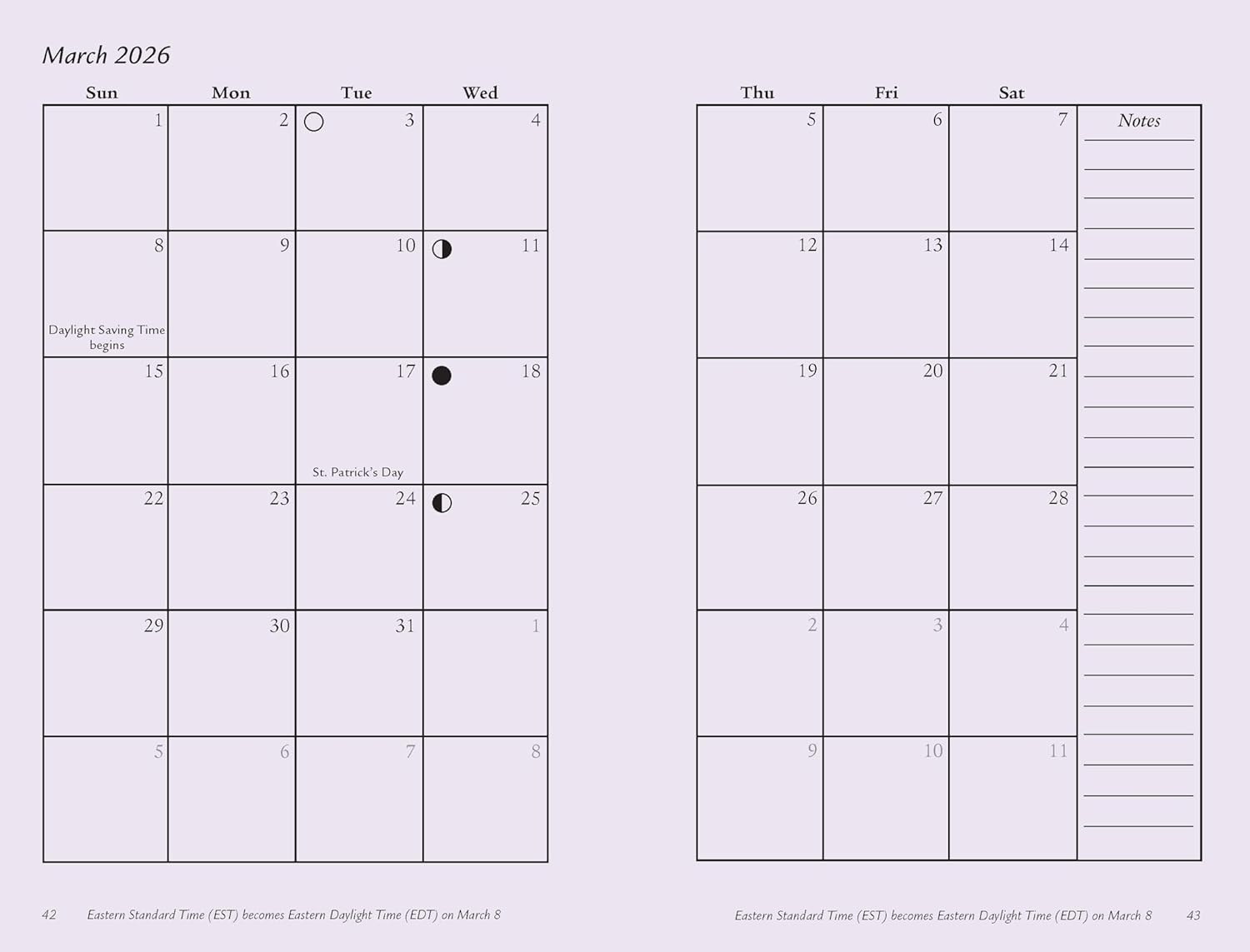 Calendar for March 2026 with celestial events and notes section.