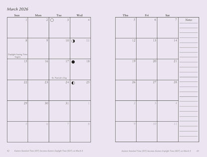 Calendar for March 2026 with celestial events and notes section.