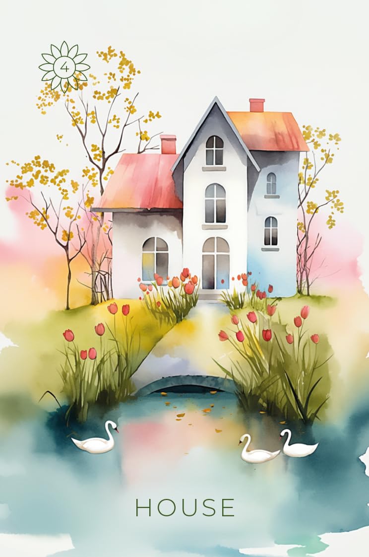 Illustration of a house with a pond and swans, surrounded by trees and flowers.