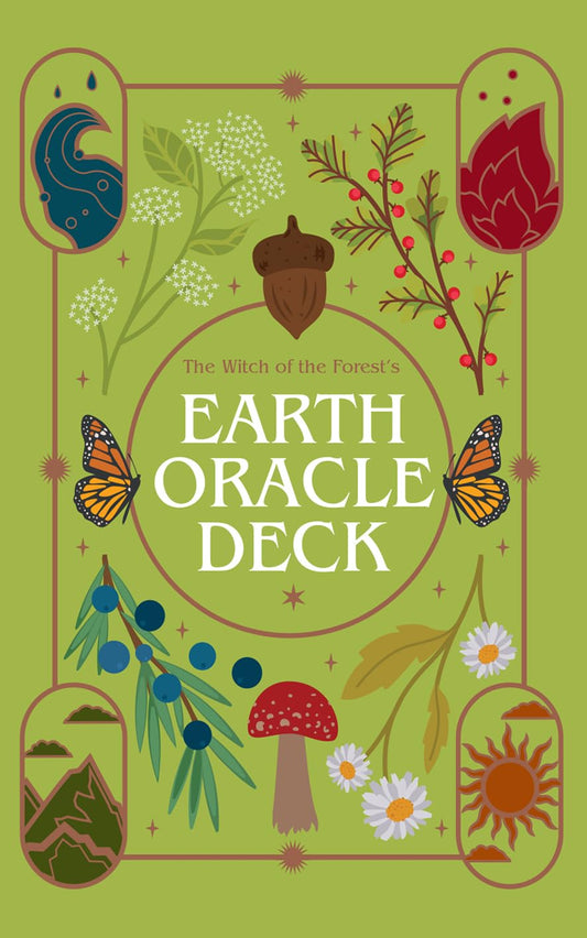 Cover of 'Earth Oracle Deck' with nature-themed illustrations on a green background