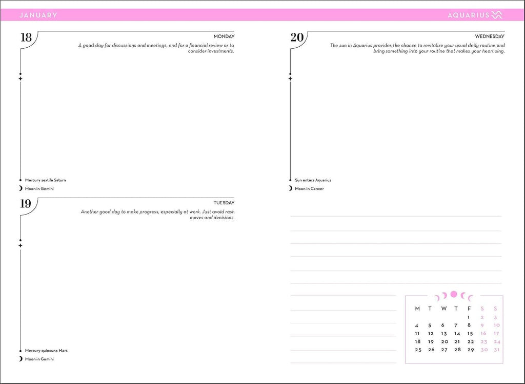 A two-page spread of a daily planner or calendar pad showing January with printed weekday headers, short prompts, lined writing space, and a small monthly calendar at the bottom right.