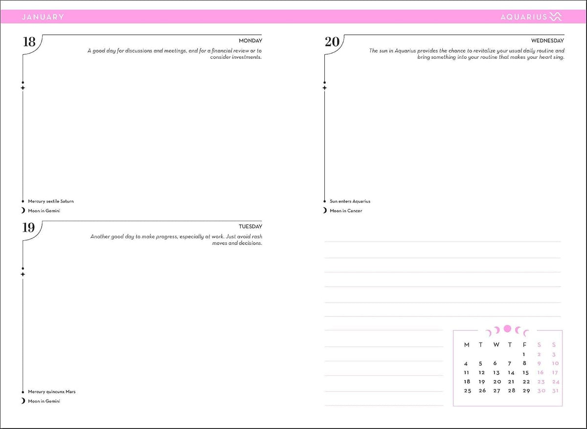 A two-page spread of a daily planner or calendar pad showing January with printed weekday headers, short prompts, lined writing space, and a small monthly calendar at the bottom right.