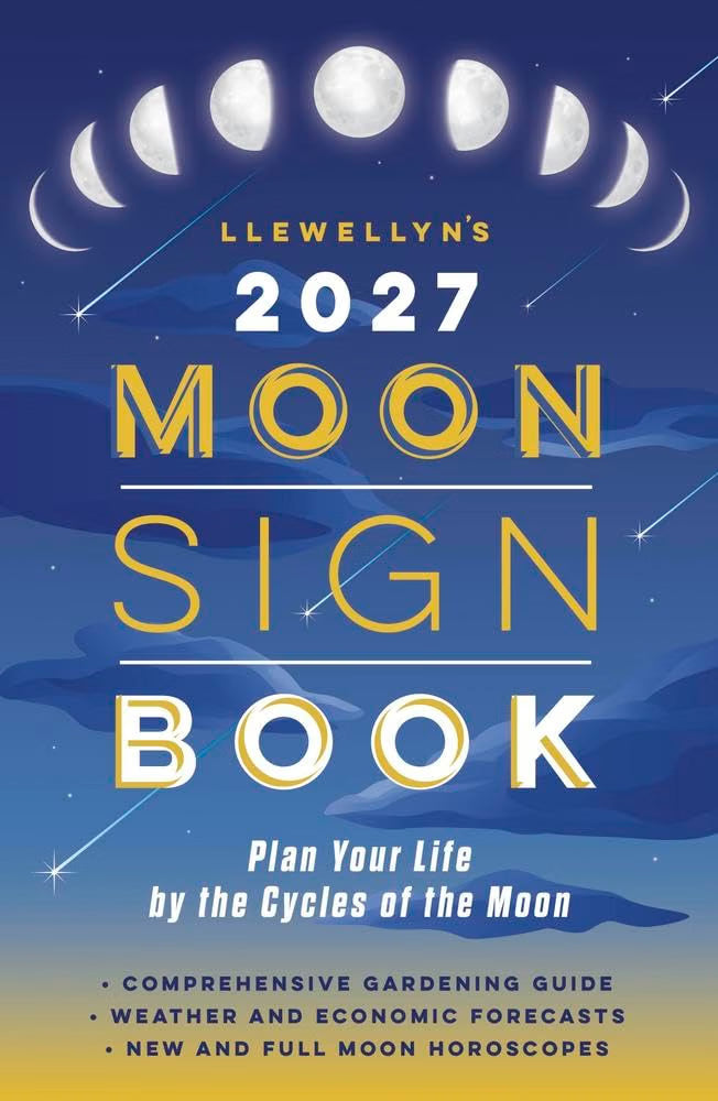 Front cover of the book 'Llewellyn's 2027 Moon Sign Book' featuring a dark blue night sky background with moon phases at the top, large gold and white title text, and smaller white subtitle and feature bullet points at the bottom.