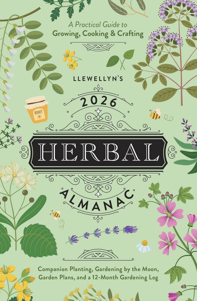 Cover of Llewellyn's 2026 Herbal Almanac with floral designs and text on a green background
