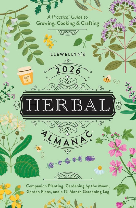 Cover of Llewellyn's 2026 Herbal Almanac with floral designs and text on a green background