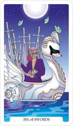 Card from a tarot deck featuring a person with pink hair and animal-like features, surrounded by swords and a boat on a starry night background.