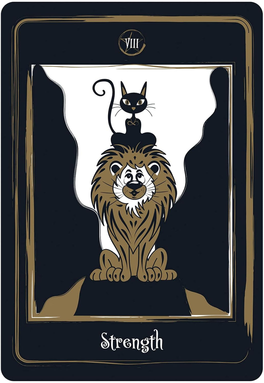Tarot card titled 'Strength' featuring a lion and a cat on a black background.