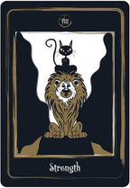 Tarot card titled 'Strength' featuring a lion and a cat on a black background.