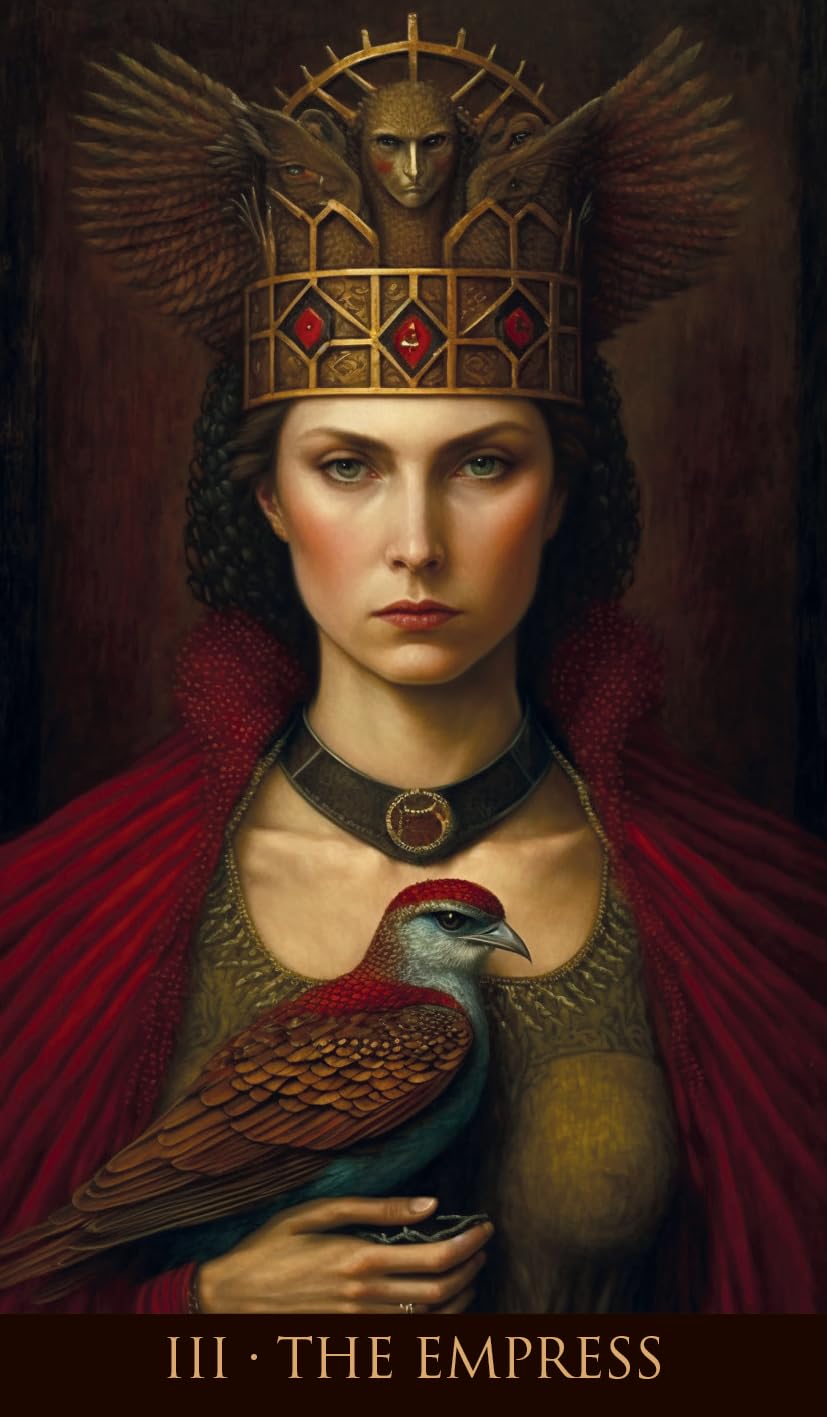 Artistic depiction of 'The Empress' tarot card with a woman wearing an eagle-headed crown and holding a dove.