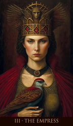 Artistic depiction of 'The Empress' tarot card with a woman wearing an eagle-headed crown and holding a dove.