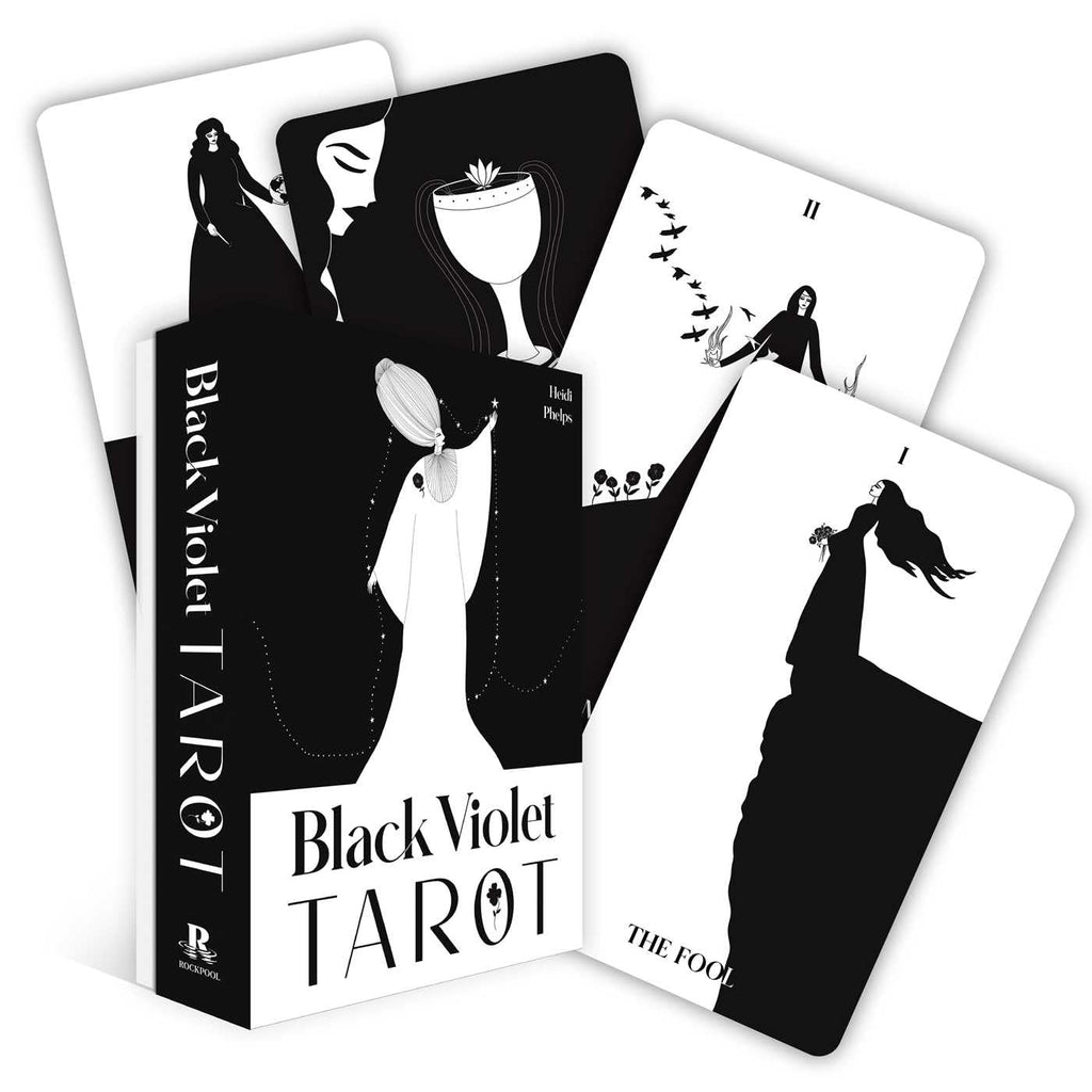 Black Violet Tarot cards with black and white illustrations on a white background