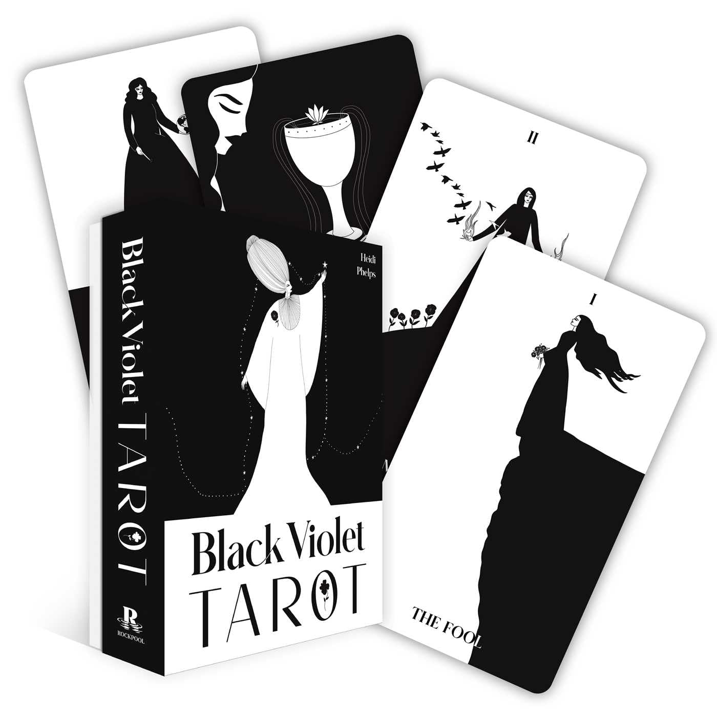 Black Violet Tarot cards with black and white illustrations on a white background