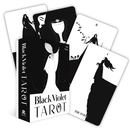 Black Violet Tarot cards with black and white illustrations on a white background