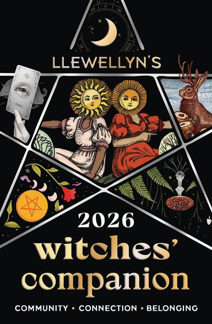 Cover of Llewellyn's 2026 Witches' Companion with various symbols and text on a black background.