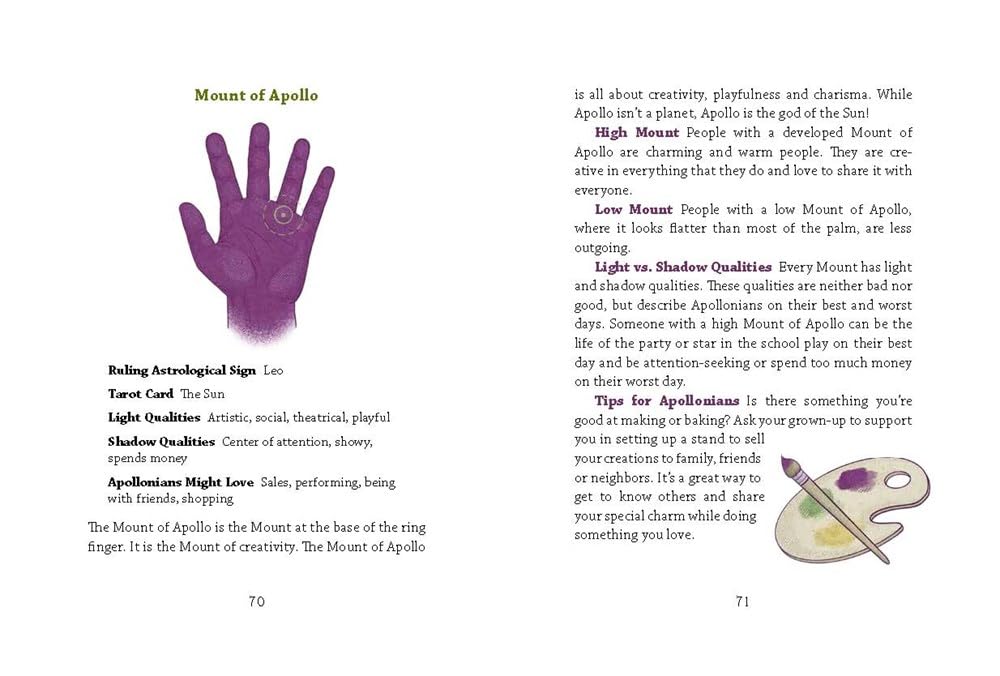 Pages describe the Mount of Apollo with a highlighted hand diagram, listing traits, high and low mounts, light and shadow qualities, and tips for creative personalities.