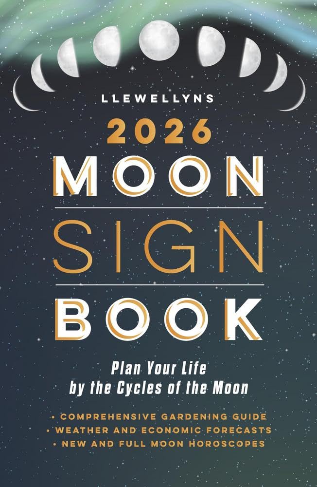 Cover of Llewellyn's 2026 Moon Sign Book with moon phases and celestial design.