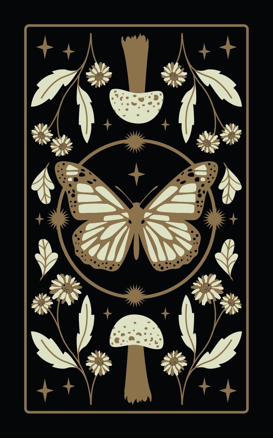 Decorative design with butterfly, mushrooms, and flowers on a black background