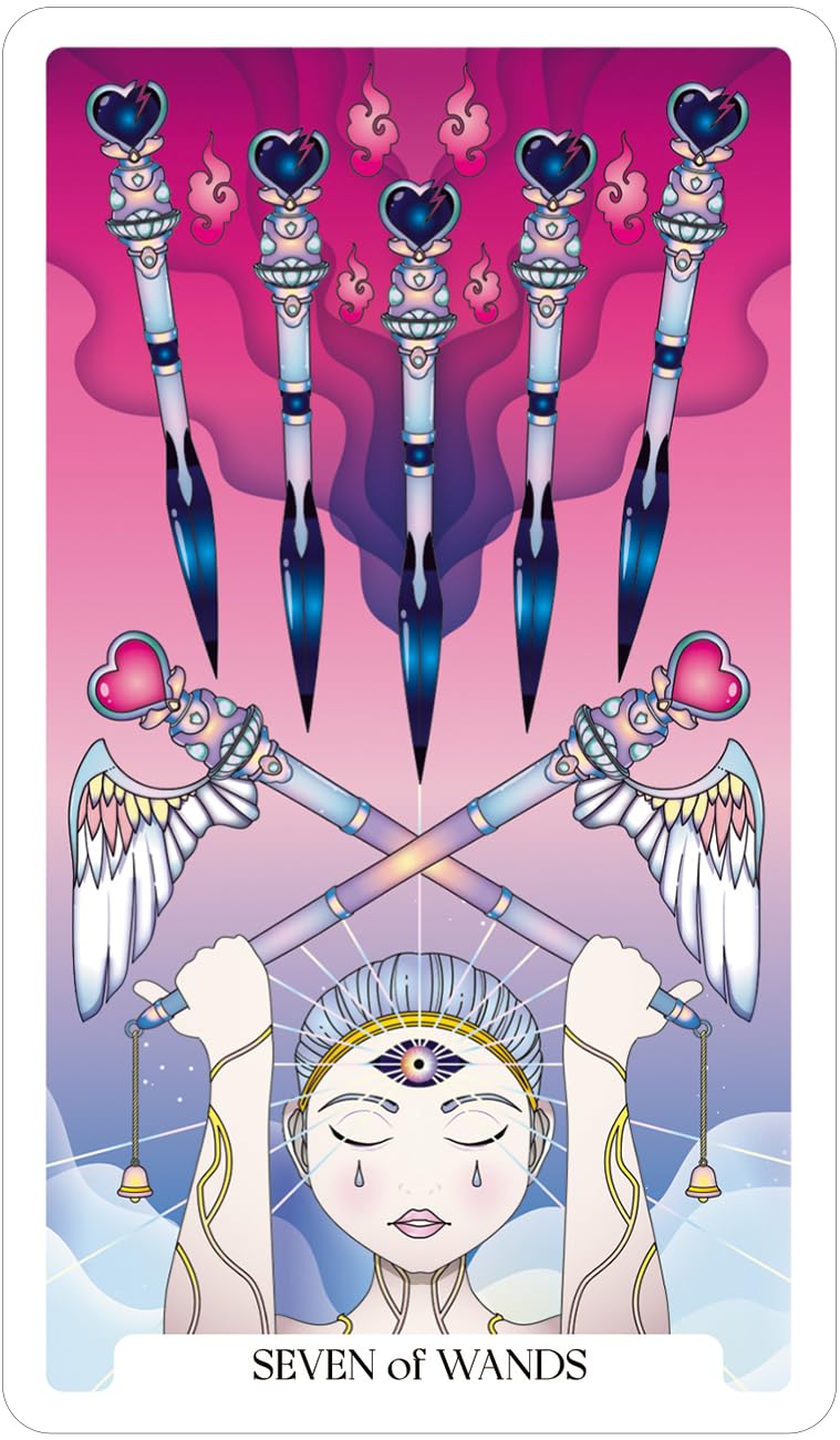 Card from a tarot deck titled 'Seven of Wands' with wands and angelic figures on a pink and purple background.