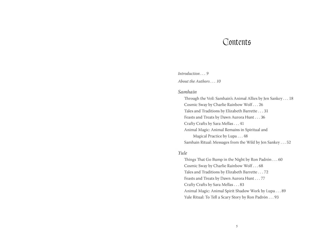 A printed contents page from a book, showing the table of contents with chapter and section titles such as Introduction, About the Authors, Samhain, Yule, and Celtic Traditions, printed in black text on a white page.