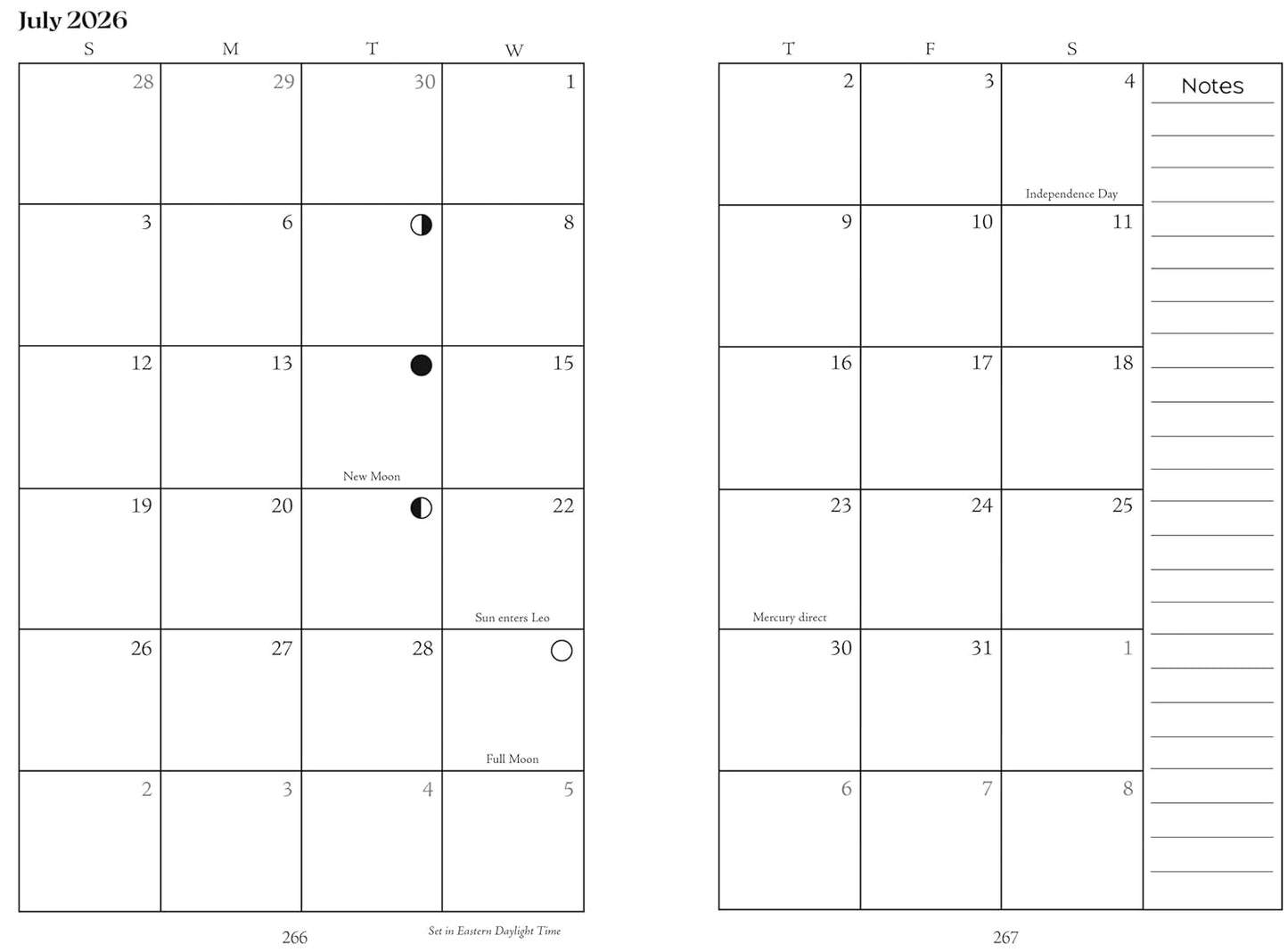 Calendar for July 2026 with lunar phases and notes.