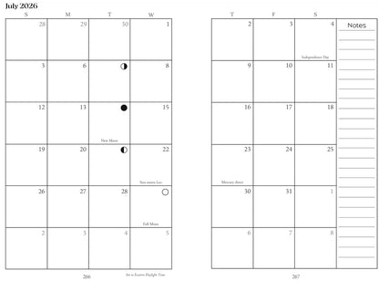 Calendar for July 2026 with lunar phases and notes.