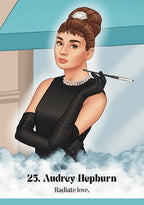 Illustrated portrait of Audrey Hepburn in a black sleeveless dress and long black gloves, holding a cigarette, with clouds at the bottom and the text '25. Audrey Hepburn' and 'Radiate love.