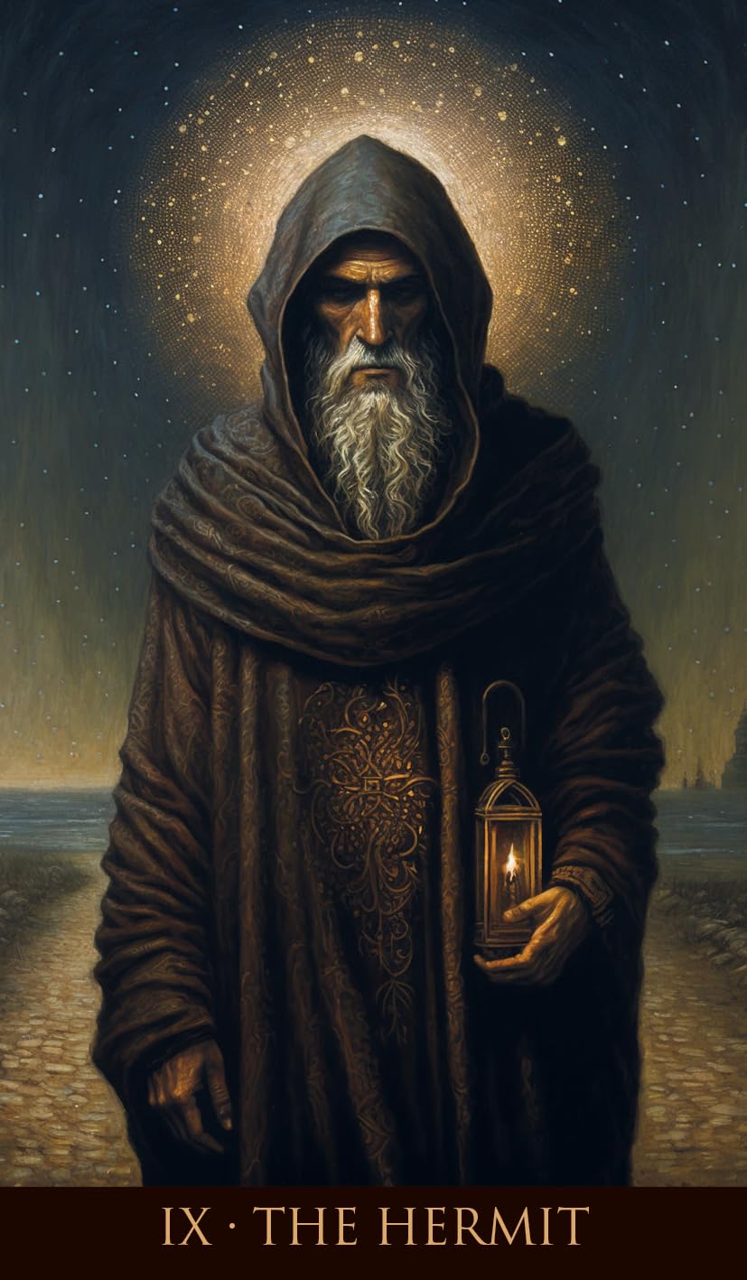 Figure in a dark hooded robe holding a lantern against a starry night sky.
