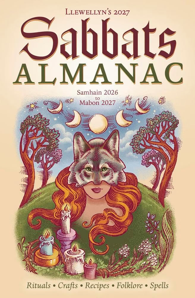 Front cover of the 'Sabbats Almanac 2027' by Llewellyn's. The cover features a whimsical, folk-art style illustration of a woman with long red hair and a wolf's head on her shoulder, set against a landscape with trees, a full moon, and candles.
