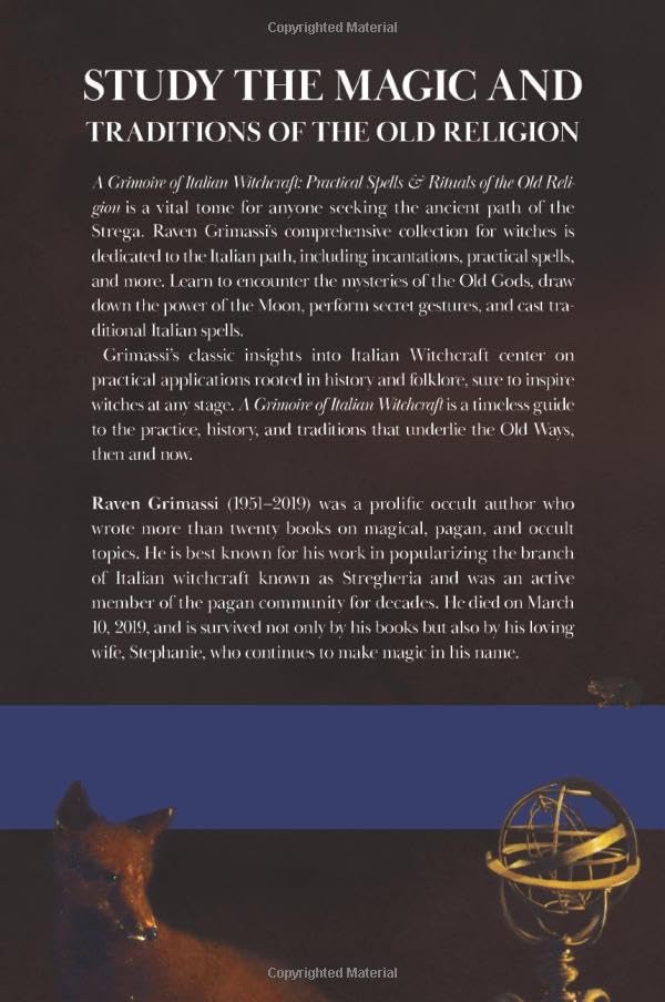 Book cover with text about Italian Witchcraft and a fox illustration on a blue background
