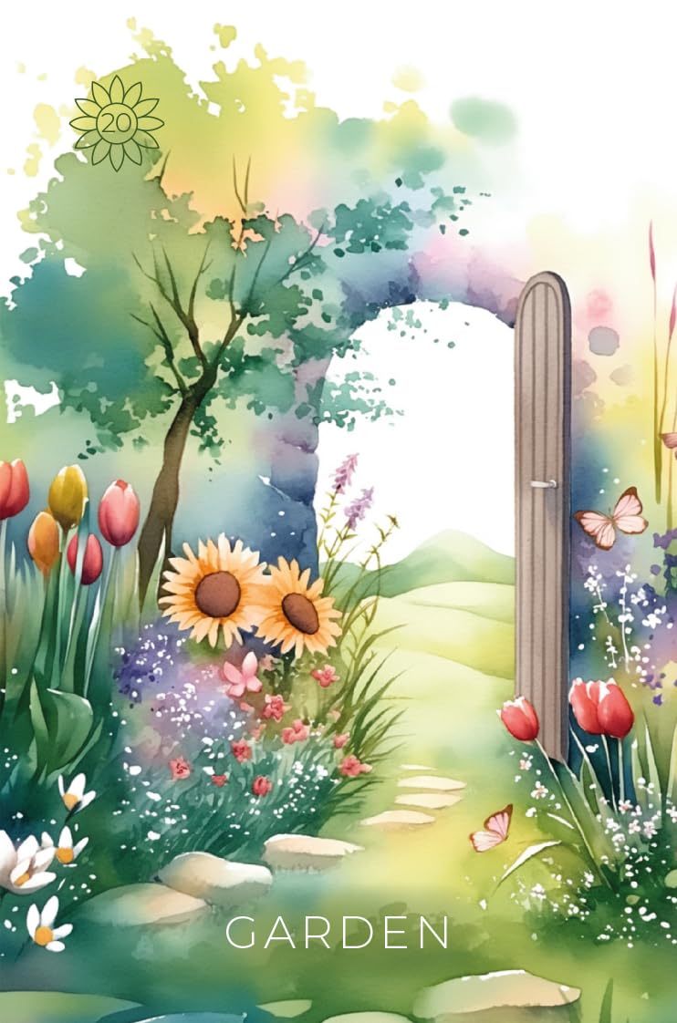 Illustration of a garden scene with flowers, a gate, and butterflies.