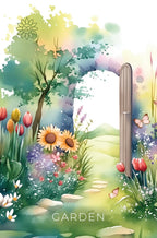 Illustration of a garden scene with flowers, a gate, and butterflies.