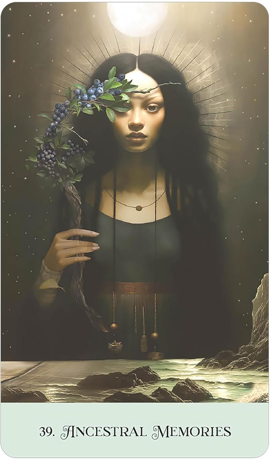 Card titled 'Ancestral Memories' featuring a woman with a flower crown and scales.