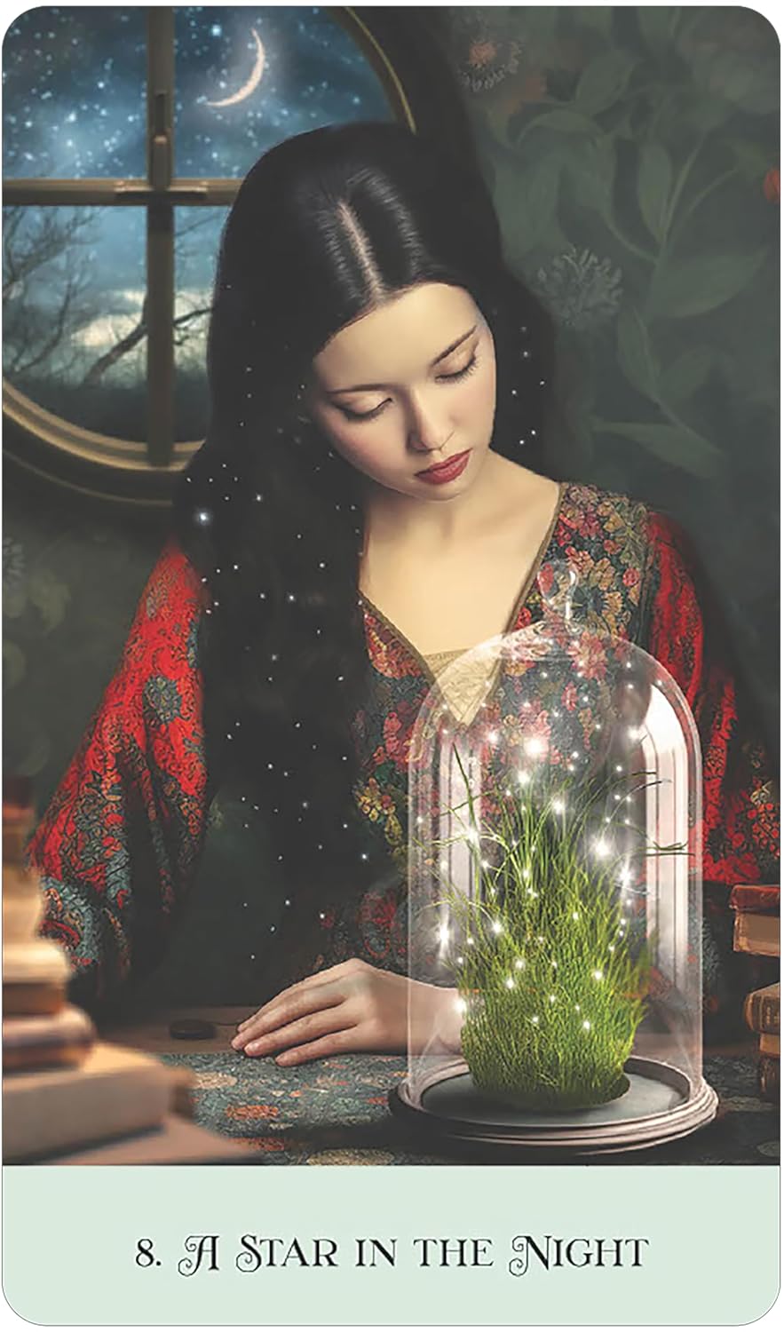 Woman in a dark room with a starry night window, holding a glass dome over a plant.