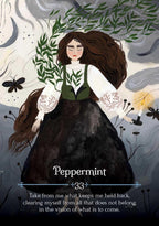 Illustration of a woman with plants and butterflies, titled 'Peppermint'.
