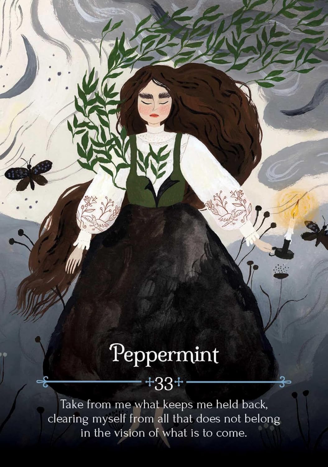Illustration of a woman with plants and butterflies, titled 'Peppermint'.