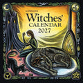 Llewellyn's Witches' Calendar 2027 cover art featuring a stylized illustration with a woman seated by a fire, a sleeping cat, a cloaked figure, and a plate with a dog, framed by a decorative border and symbols.