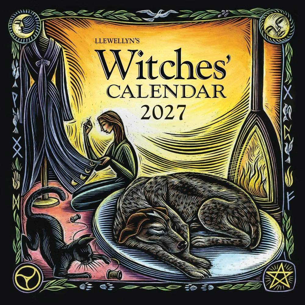 Llewellyn's Witches' Calendar 2027 cover art featuring a stylized illustration with a woman seated by a fire, a sleeping cat, a cloaked figure, and a plate with a dog, framed by a decorative border and symbols.