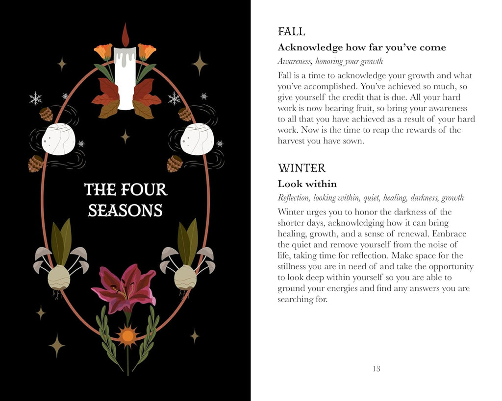 Page from a book featuring an illustration of 'The Four Seasons' with flowers and text on a black background.