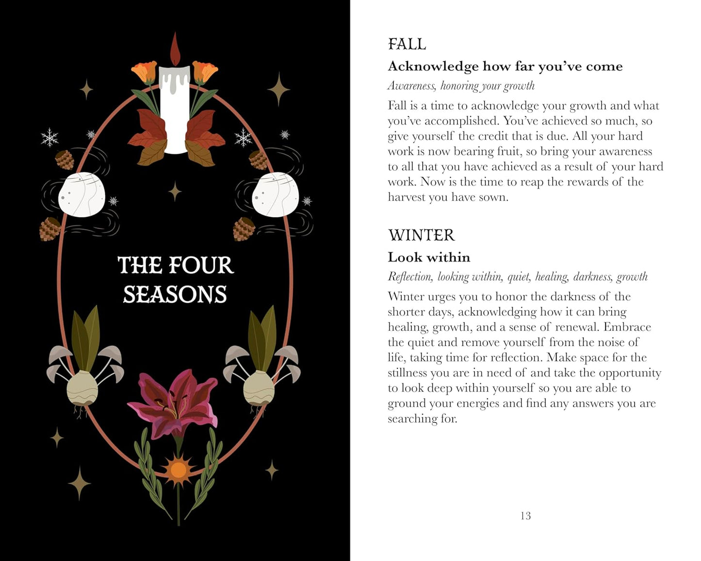 Page from a book featuring an illustration of 'The Four Seasons' with flowers and text on a black background.