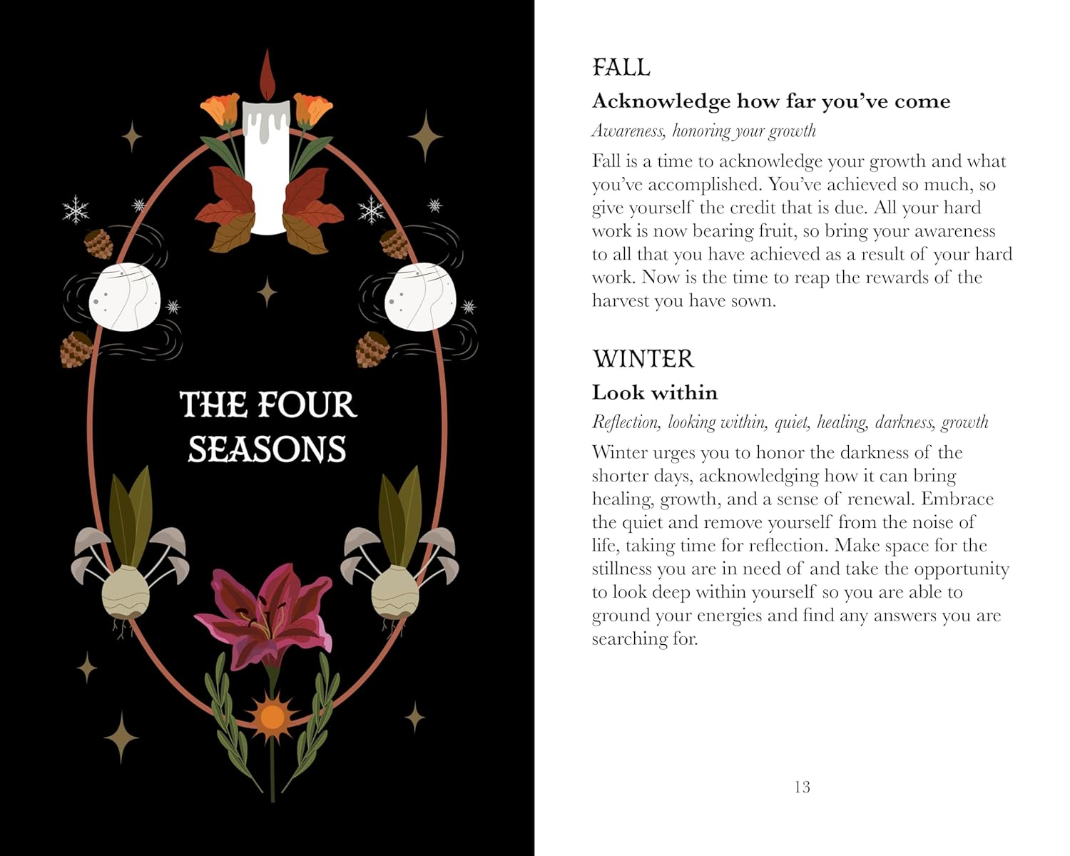 Page from a book featuring an illustration of 'The Four Seasons' with flowers and text on a black background.