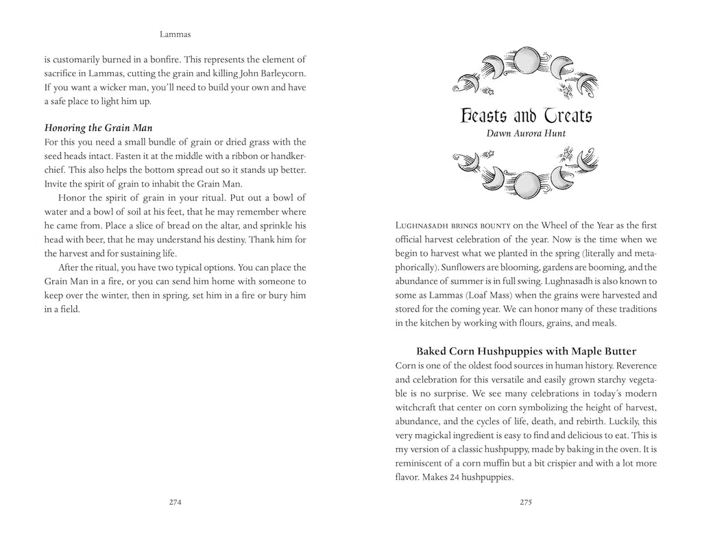 A scanned book page with two columns of text on a white page, headed 'Lammas' at the top left and featuring recipe-style headings such as 'Harvest the Grain Man,' 'Feast and Create,' and 'Baked Corn Huskpuppies with Maple Butter.'.
