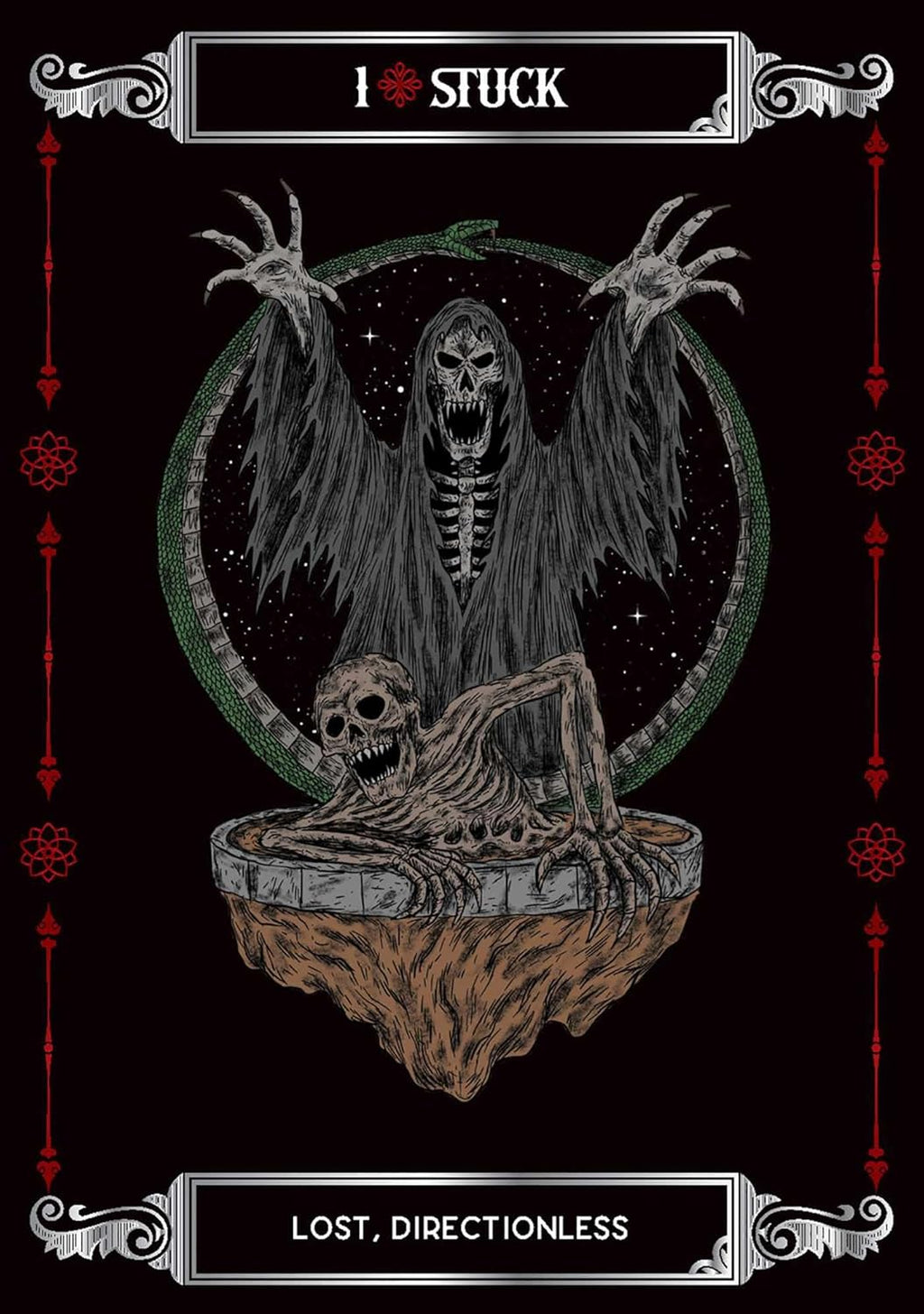 Gothic illustration of a skeleton with text '1 Stuck' and 'Lost, Directionless' on a black background.